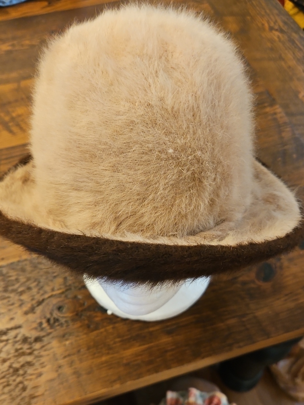 Vintage Kangol Plush Two-Tone Fur Bucket Hat - Beige and Brown